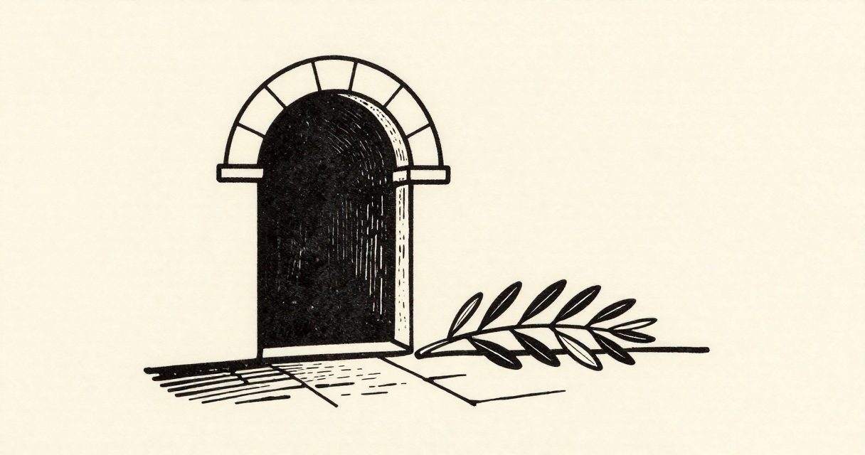 A simple stone archway and a single olive branch resting on a plain stone surface in Assisi.
