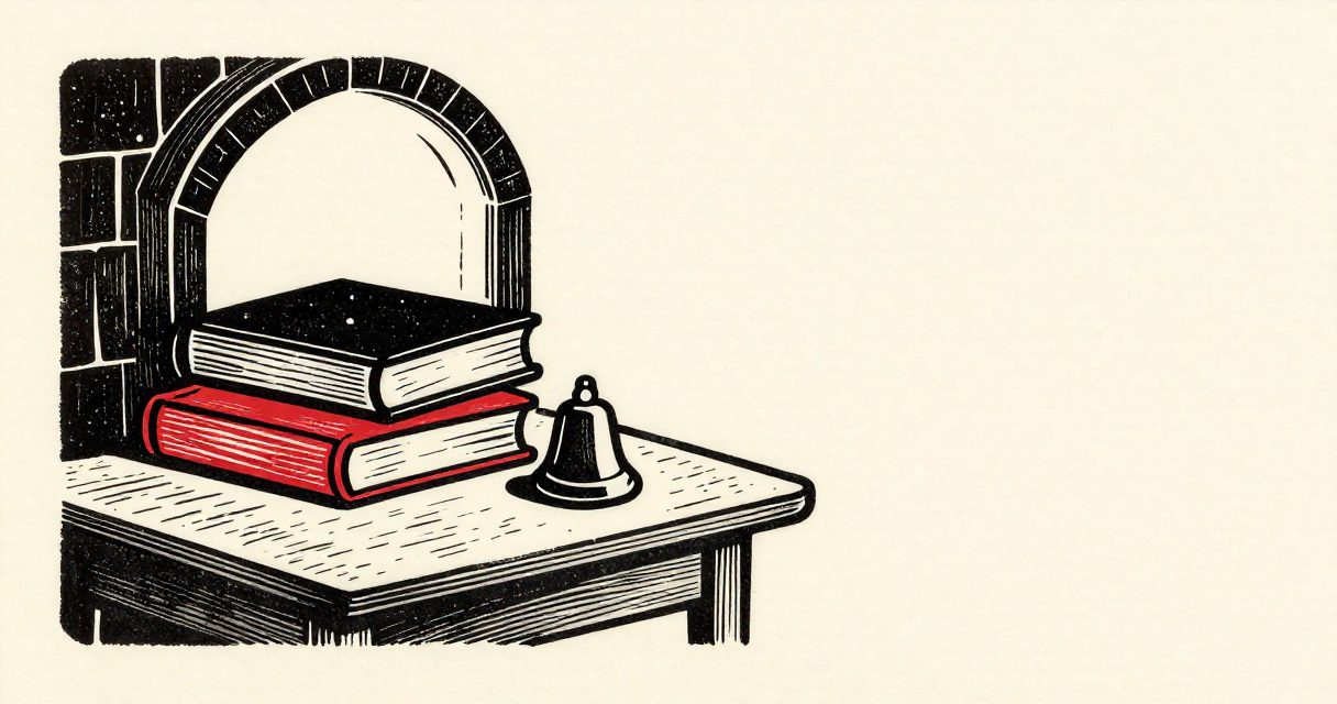 A stack of books and a small school bell resting on a plain wooden table under a stone archway.