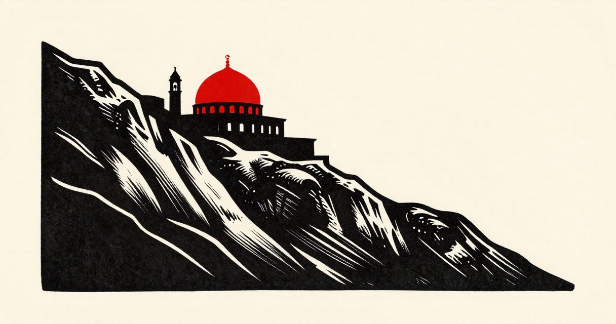 A steep, rocky hillside in Mokattam with the silhouette of a domed monastery and a small bell tower.