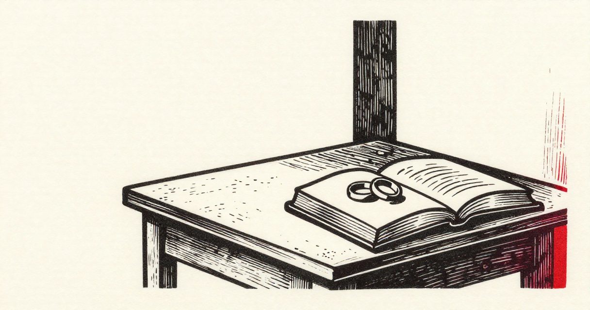 A simple wooden table and a pair of wedding rings resting beside an open book in a quiet hall in Alexandria.