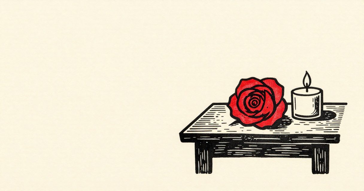 A single rose blossom resting on a simple wooden table beside a small lit candle.