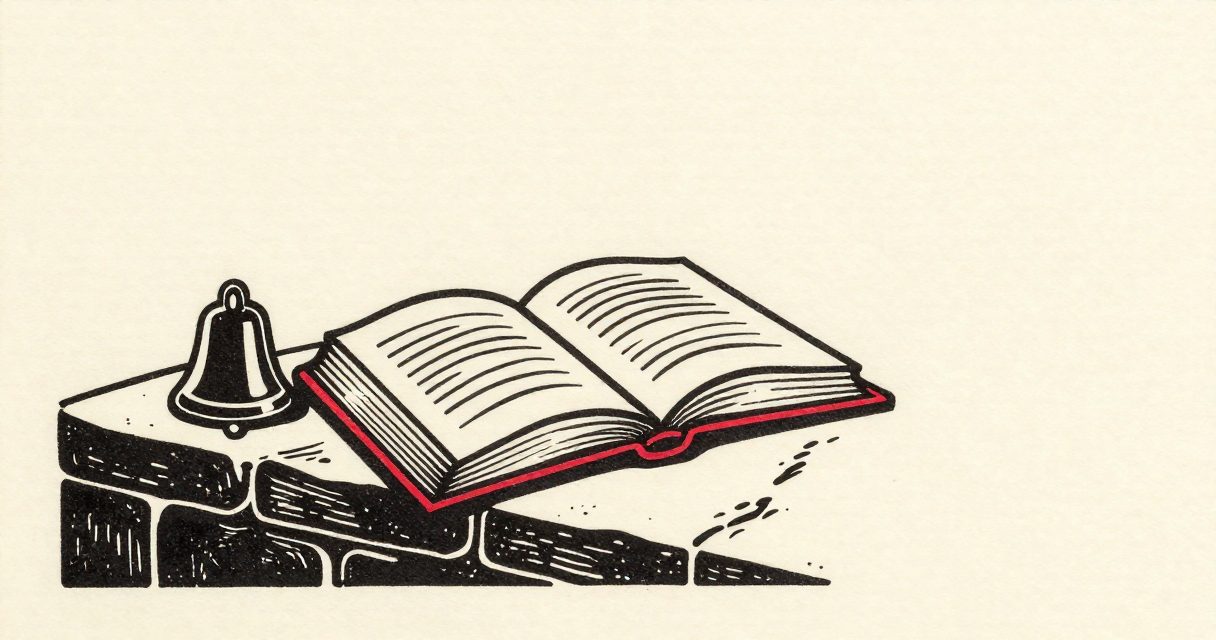 An open book and a small bell resting on a stone ledge in Abbassia.