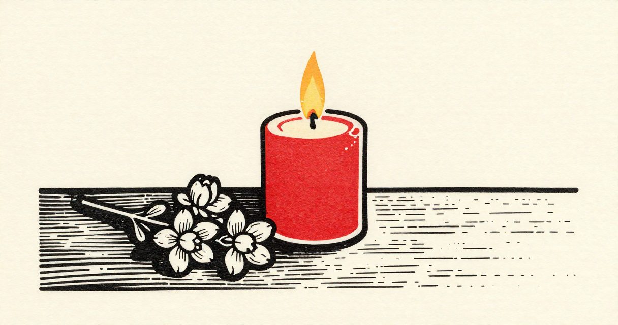 A single lit candle and a small bouquet of jasmine flowers resting on a plain wooden surface.