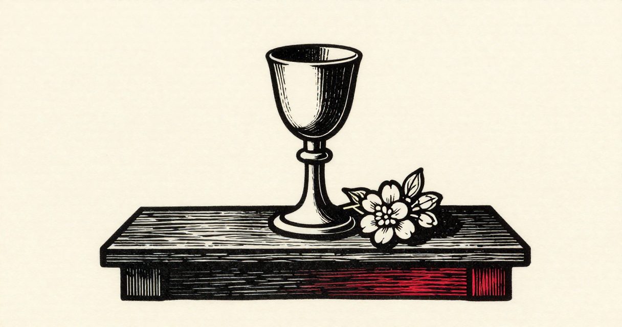 A silver jubilee chalice and a small bouquet of jasmine flowers resting on a plain wooden altar.