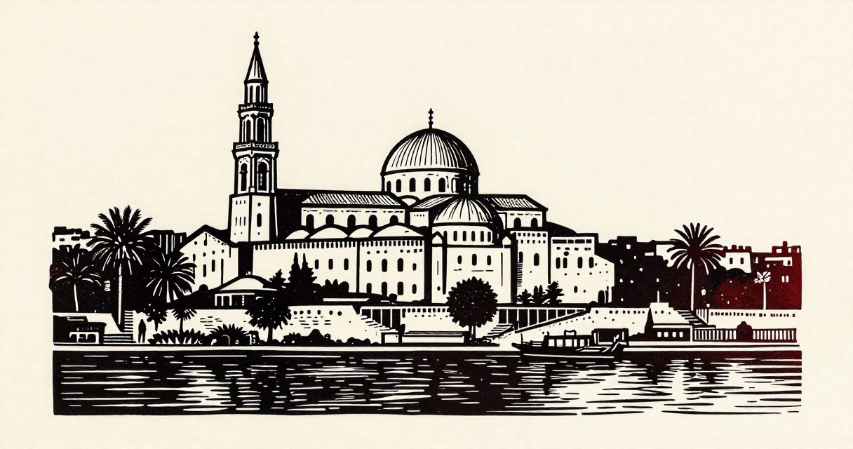 A stone cathedral with a domed roof and a bell tower standing near the Nile riverbank in Zamalek.