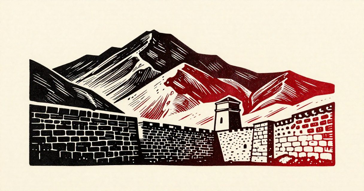 Rugged mountain peaks of the Sinai Peninsula surrounding the thick stone walls and towers of a monastery.