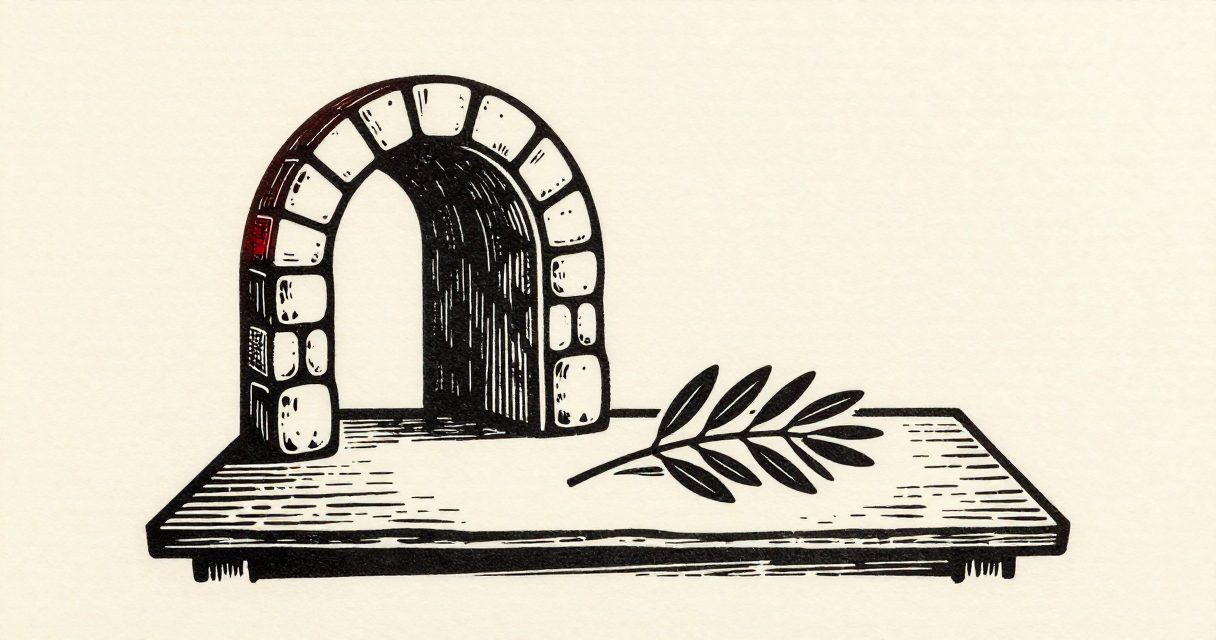 A simple stone archway and a single olive branch resting on a plain wooden table.