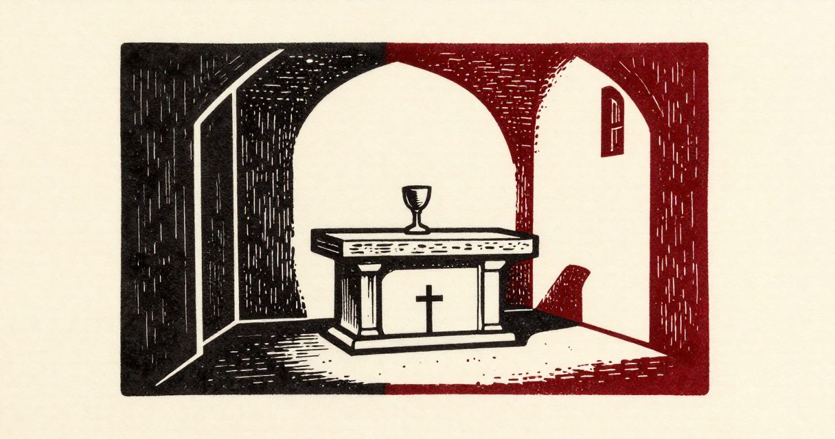 A stone altar with a chalice and a small cross standing in a quiet hall in Mansafis.