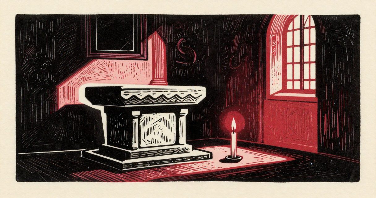 A stone altar and a single lit candle standing in a quiet hall in Tawo.