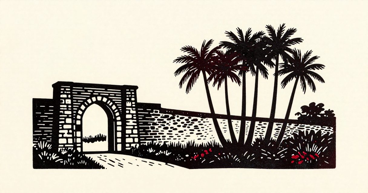 A stone archway and a cluster of palm trees in the rural landscape of Samalut.