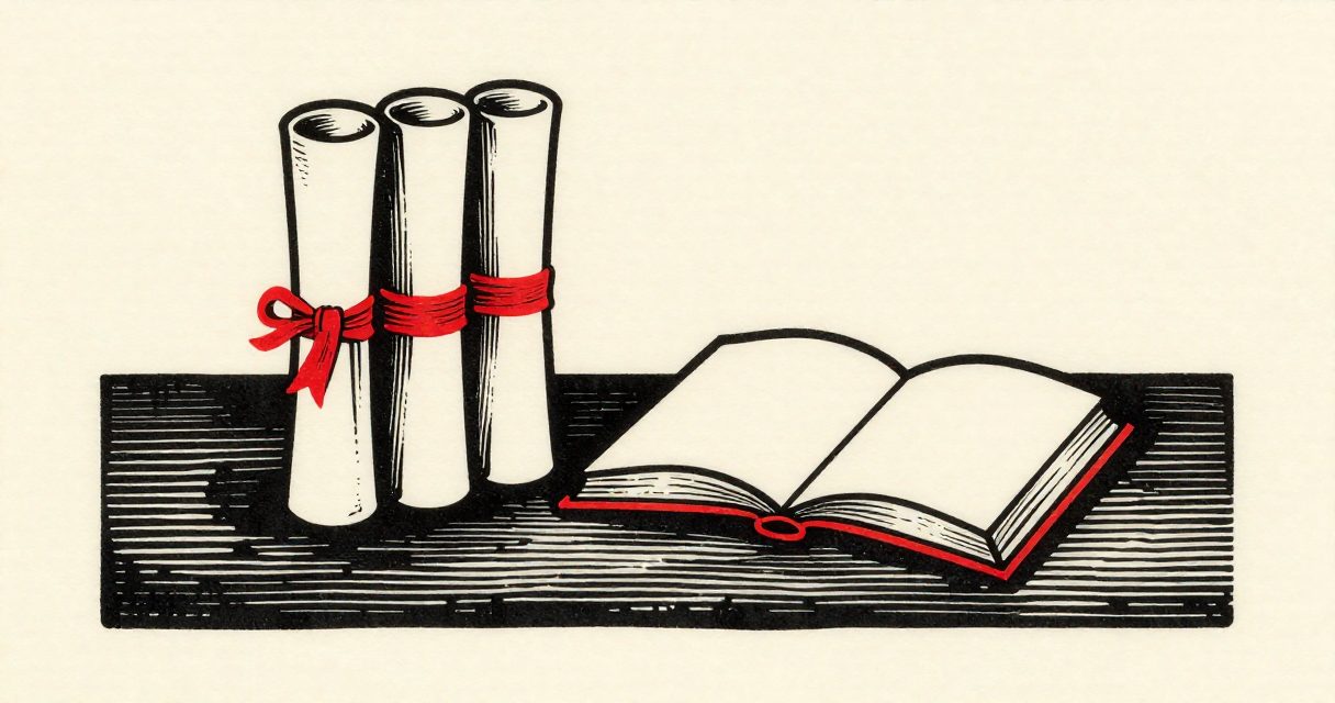 A series of rolled diplomas with ribbons standing beside an open book on a plain wooden table.
