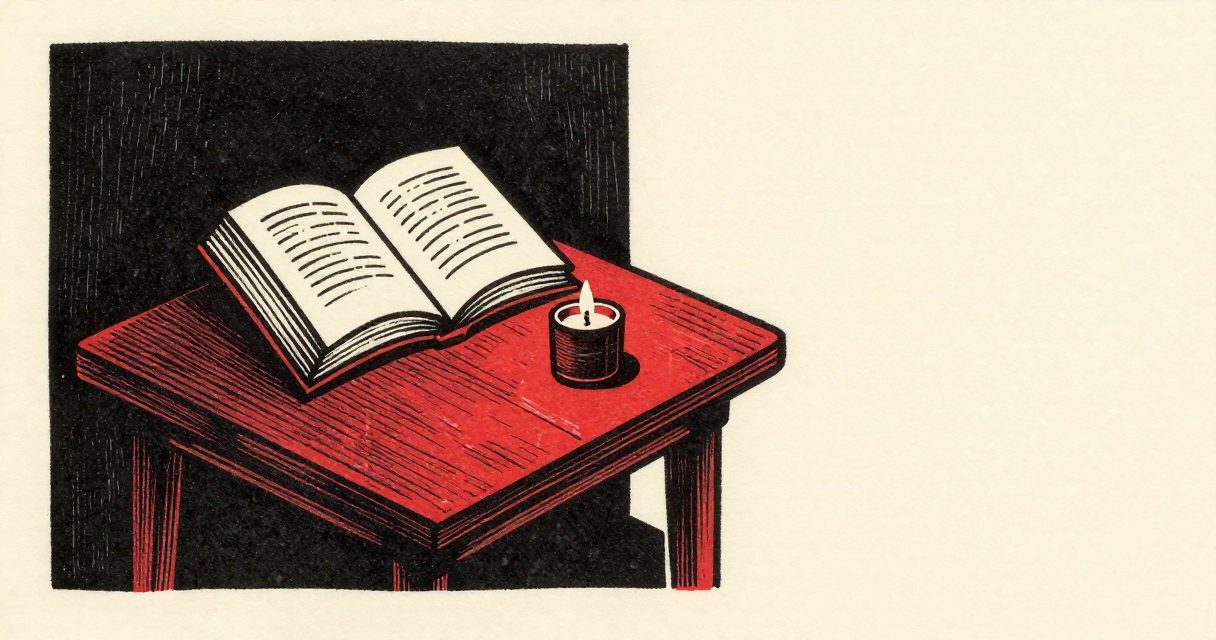 A simple wooden table holding an open book and a small, lit candle in a quiet hall.