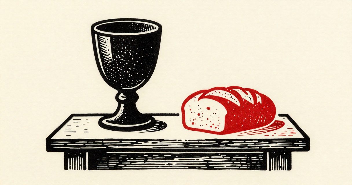 A stone chalice and a small loaf of bread resting on a plain wooden altar.