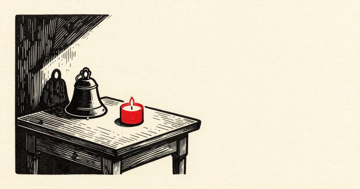 A small bell and a single candle resting on a wooden table in a quiet room in Garagos.