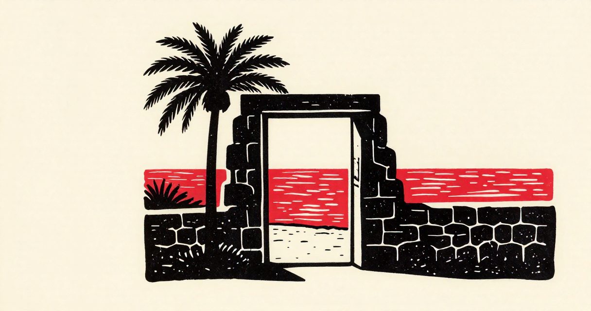 A simple stone gateway overlooking the Red Sea coastline with a single palm tree.