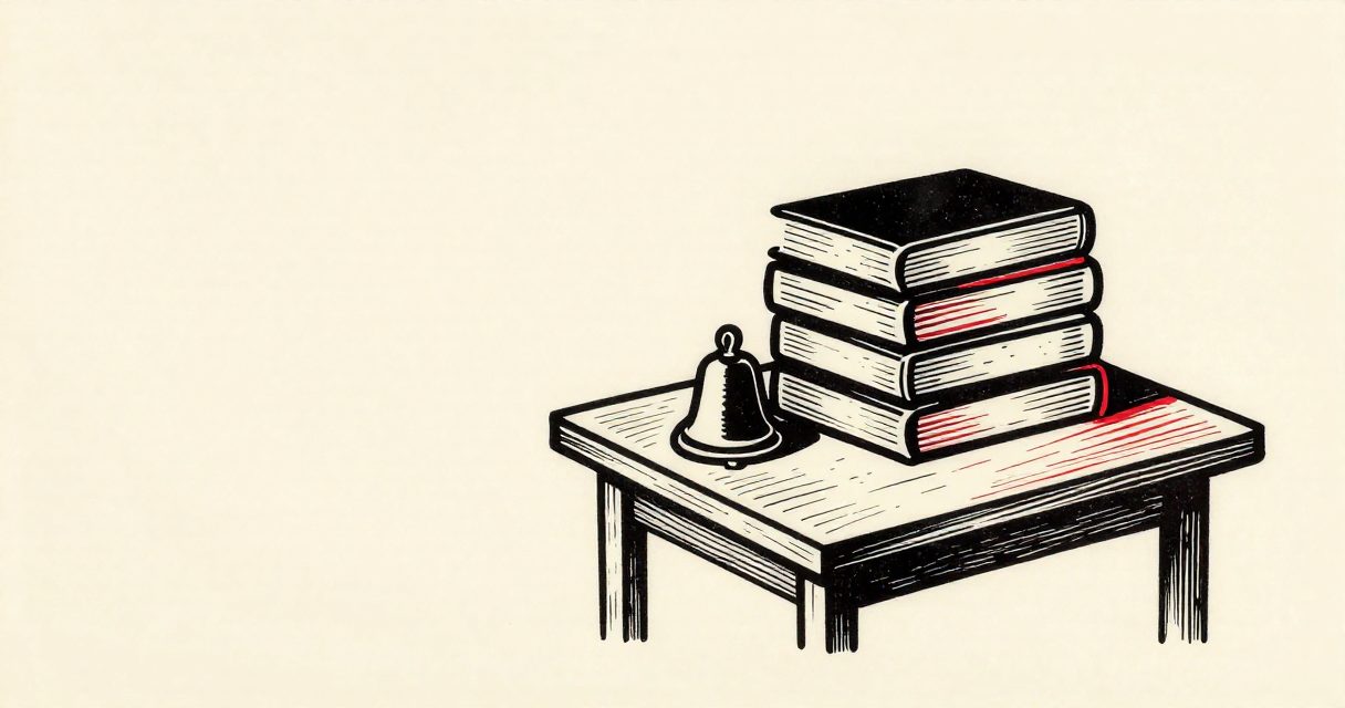 A stack of books and a small bell resting on a simple wooden table in a classroom in Fayyum.