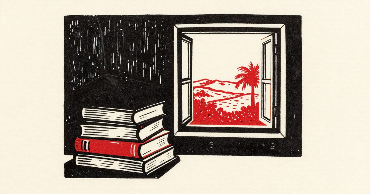 A stack of books and an open window overlooking the Minya landscape with palm trees.