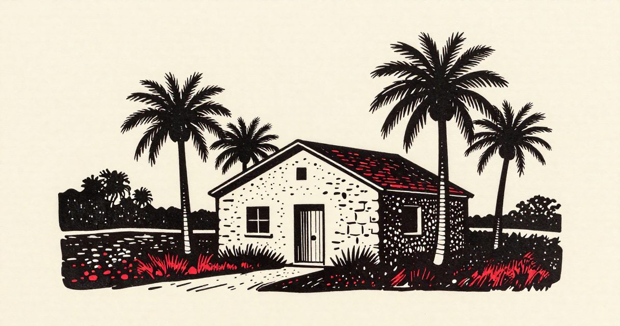 A small stone house with a simple door standing amidst palm trees in the Bato landscape.