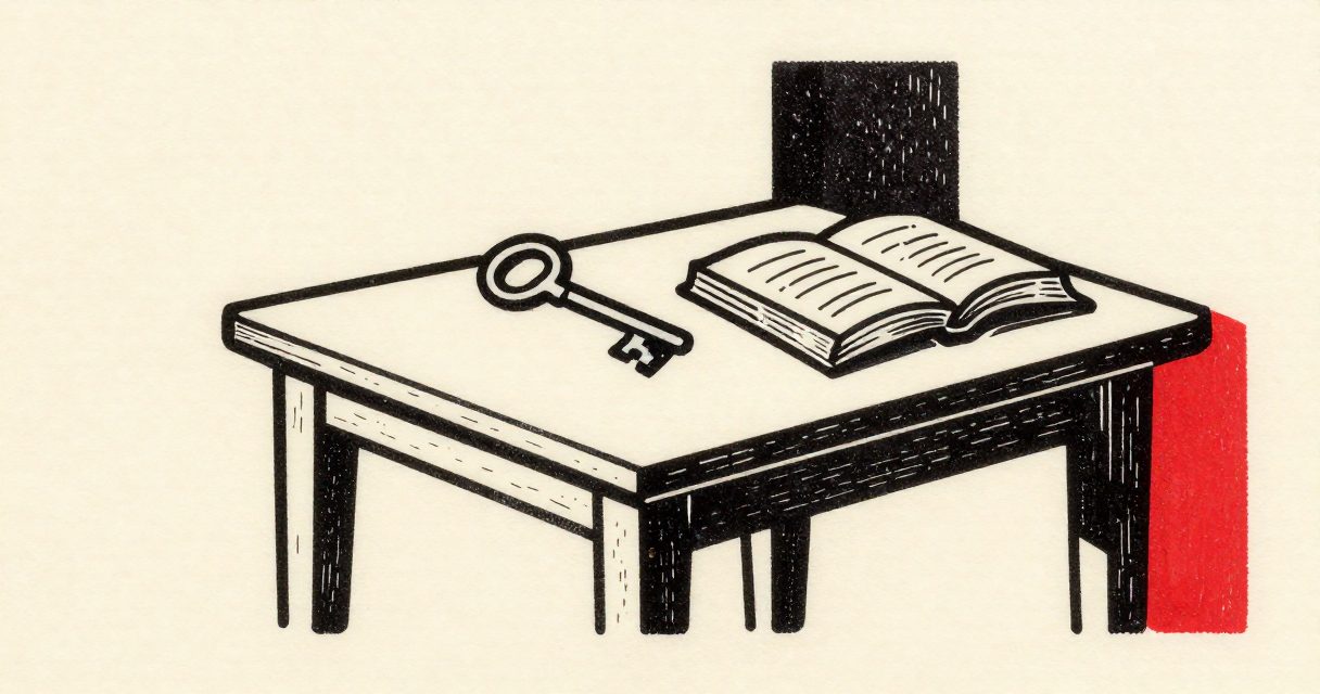 A simple wooden table set with a large, heavy key and an open book in a quiet hall.