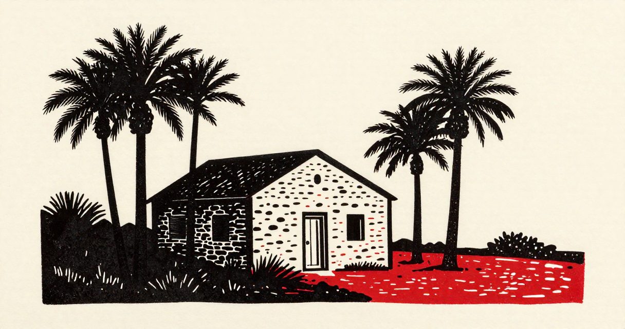 A small stone house with a simple door standing among palm trees in the Mansafis landscape.