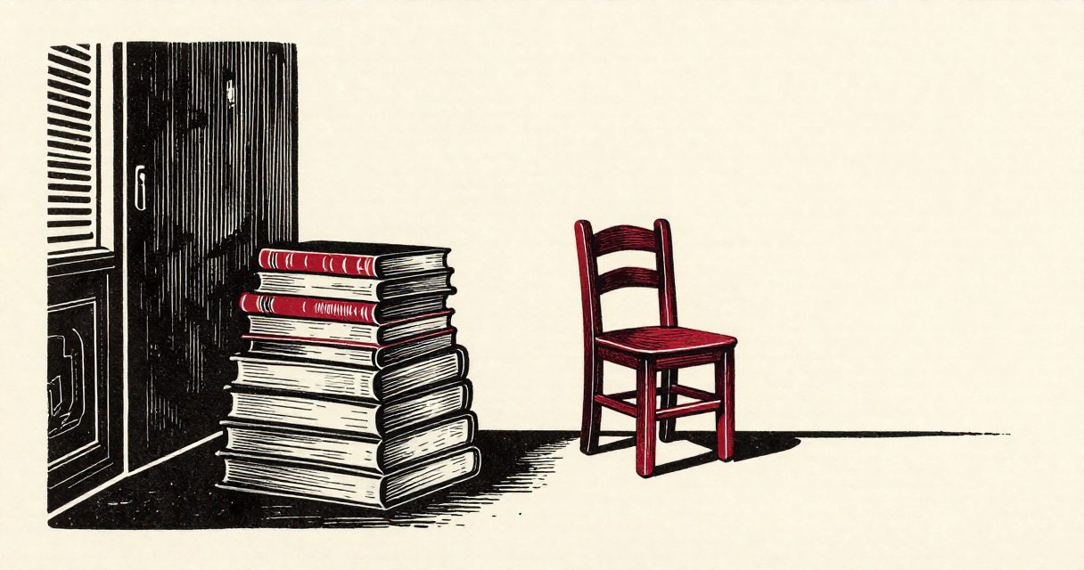 A stack of books and a small wooden chair standing in a quiet hall in Minya.