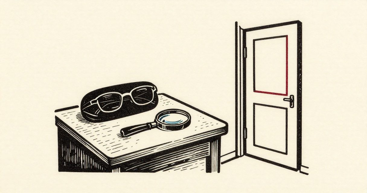 An eyeglass case and a magnifying lens resting on a plain wooden table beside an open door.