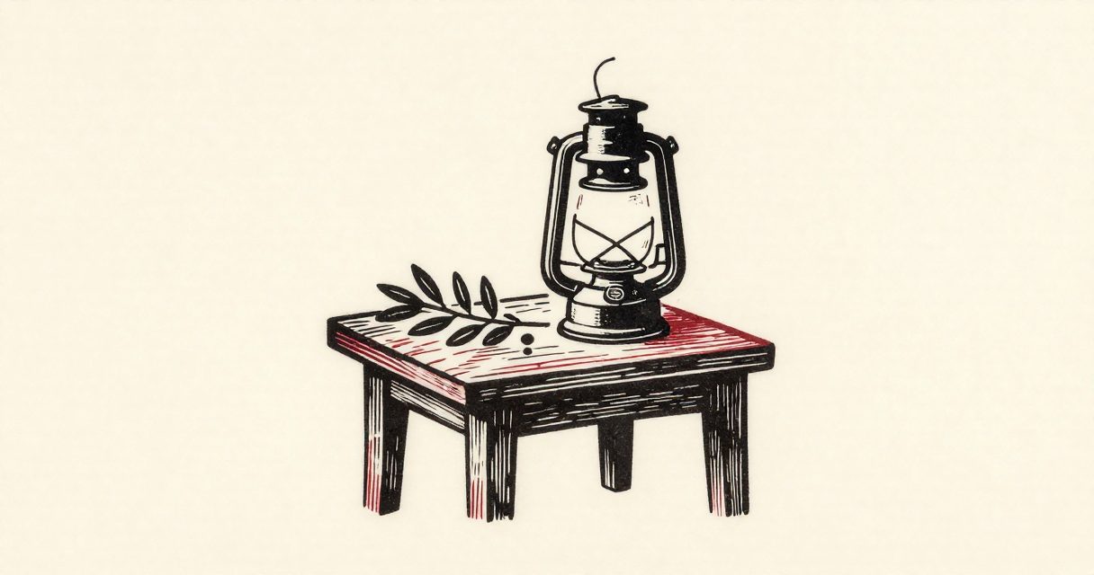 A simple wooden table holding a small oil lamp and a single olive branch in Fayid.
