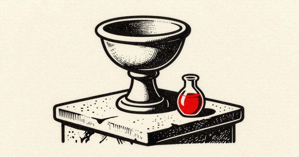 A baptismal font and a small jar of oil resting on a stone altar.