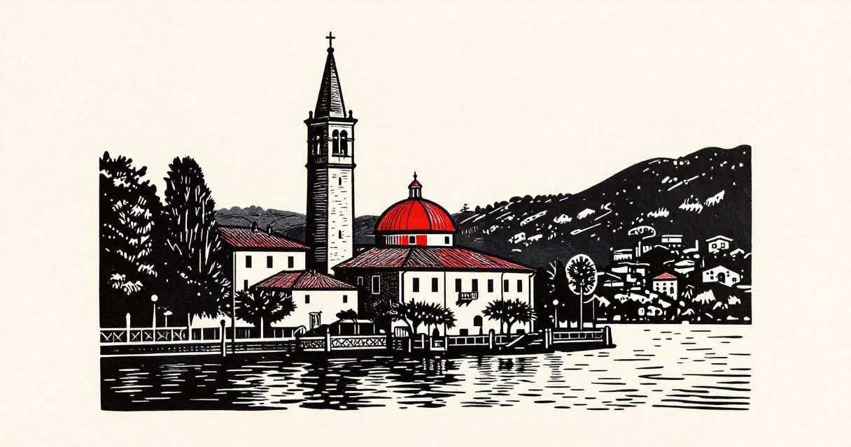 A view of a bell tower and a church dome rising above the landscape of Como by the water.