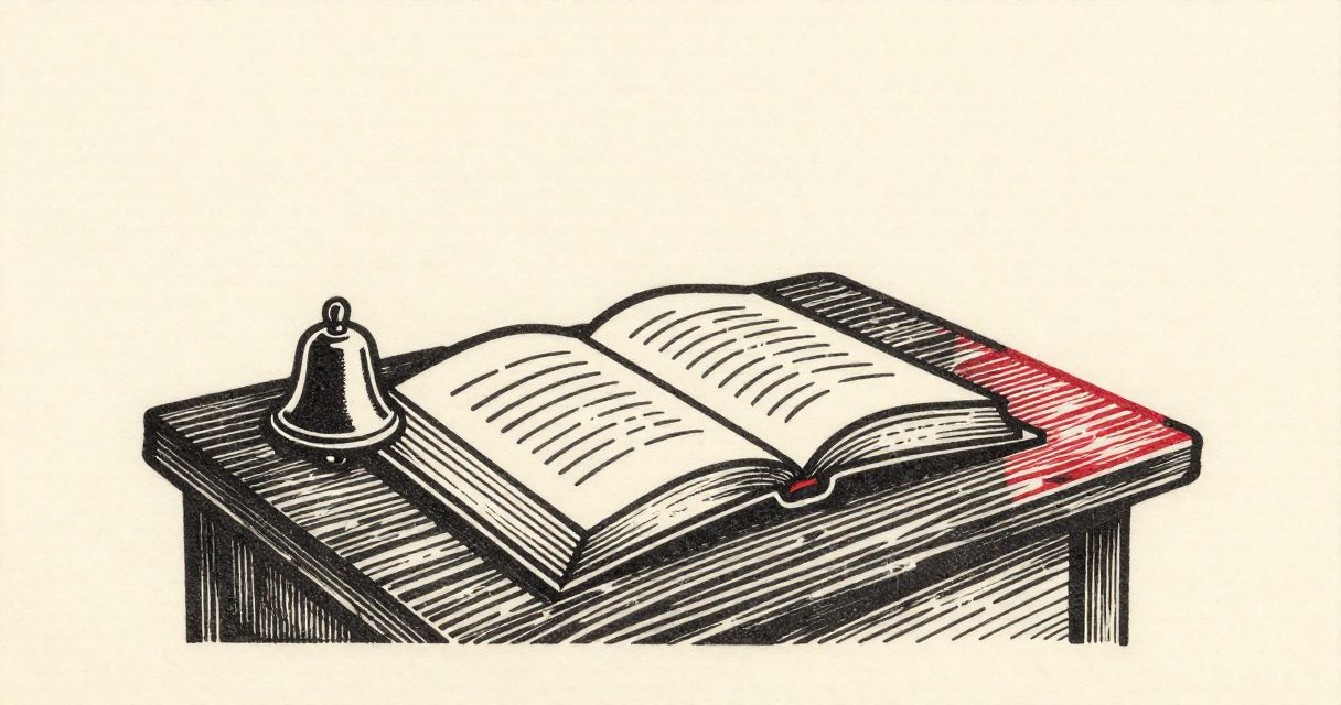 An open book and a small bell resting on a wooden table in a quiet hall.