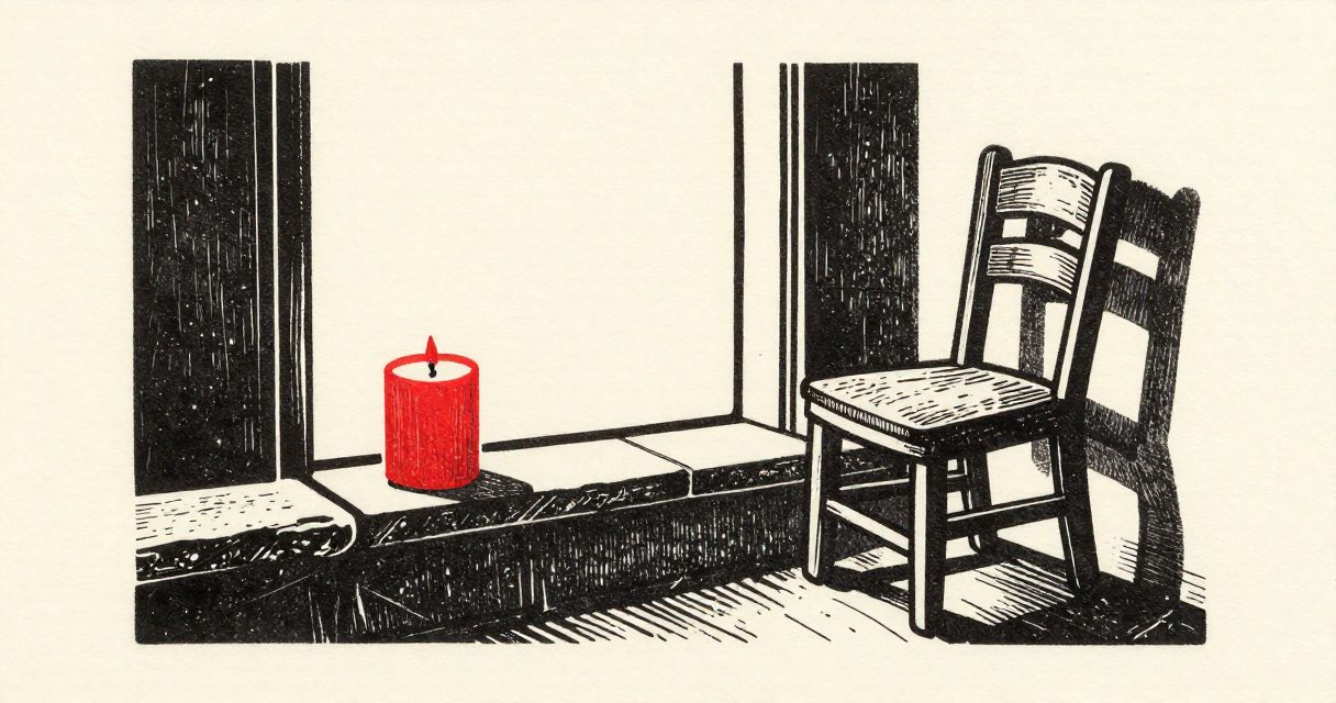 A single, unlit candle resting on a simple stone ledge next to a small, empty wooden chair in a quiet room.