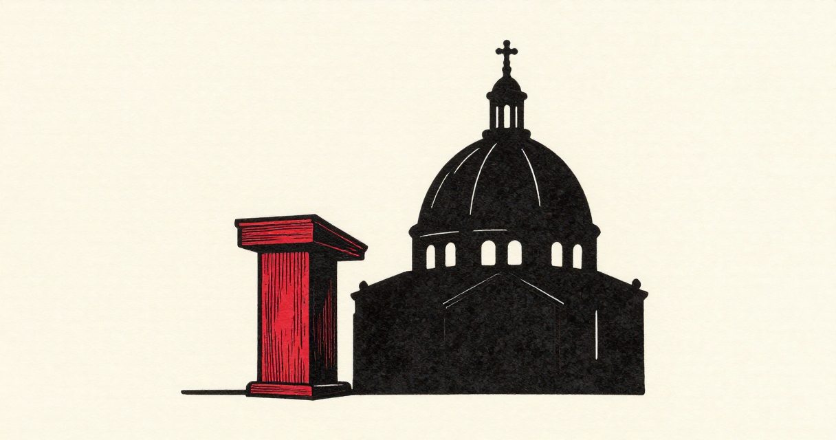 A simple wooden podium standing next to a large, stylized silhouette of a church dome.
