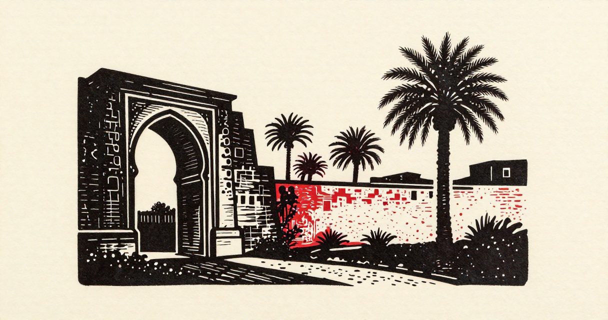 A large stone archway and a cluster of palm trees under a bright sky in al-Qusiya.