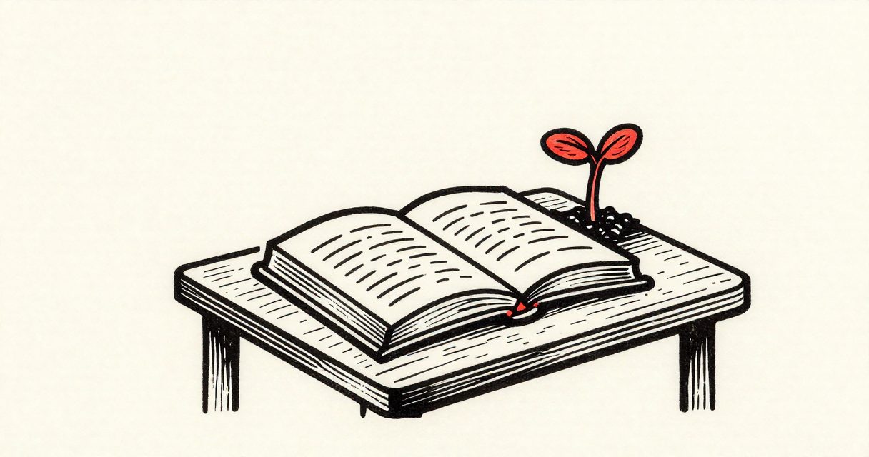 An open book resting on a simple wooden table next to a small growing sprout.