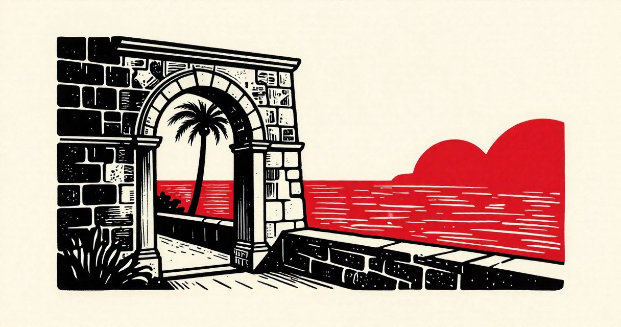 A stone archway overlooking the coastline of Alexandria with a single palm tree and a distant dome.
