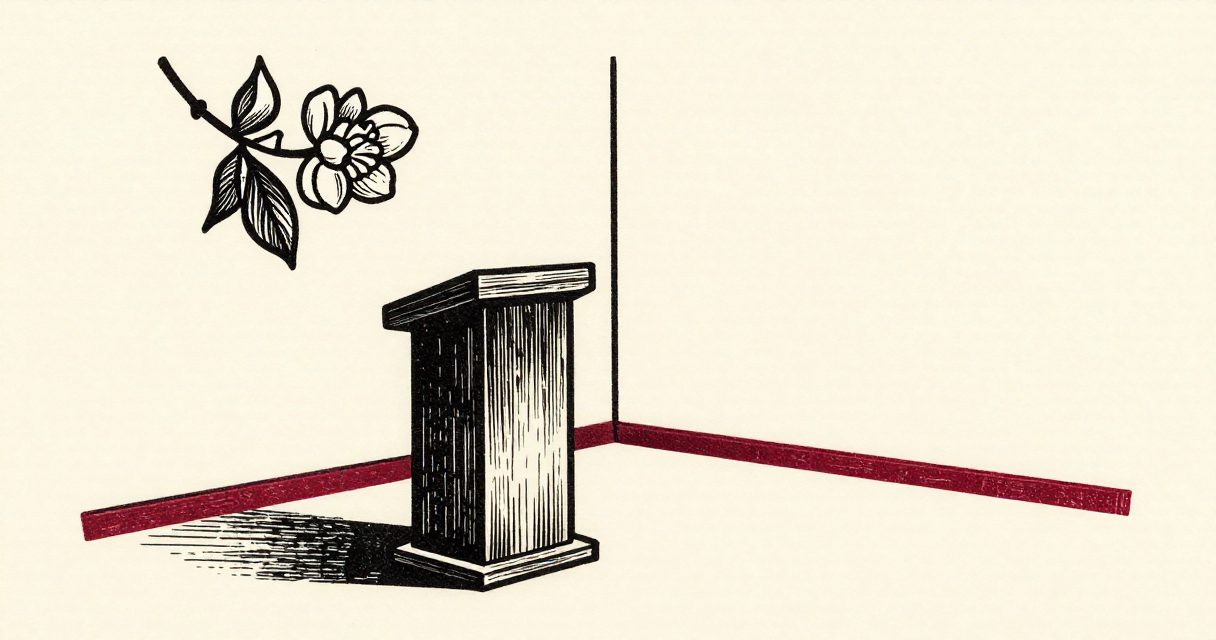 A small wooden podium standing in a quiet hall next to a single blooming jasmine branch.