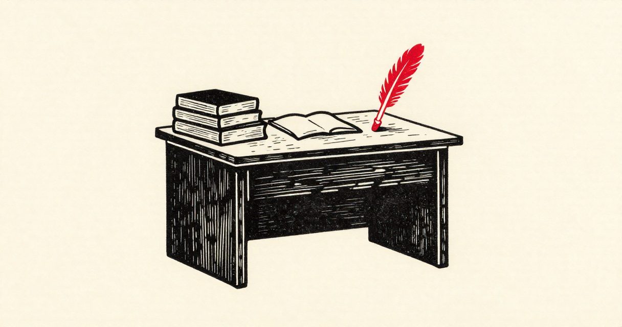 A heavy wooden desk with a stack of books and a single quill beside it in a quiet classroom.