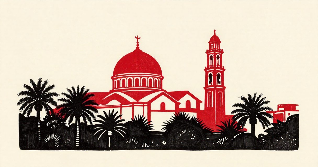 A domed cathedral and a bell tower standing above the palm trees of Minya.