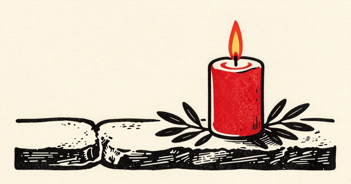 A single lit candle and a small olive branch resting on a simple stone ledge.