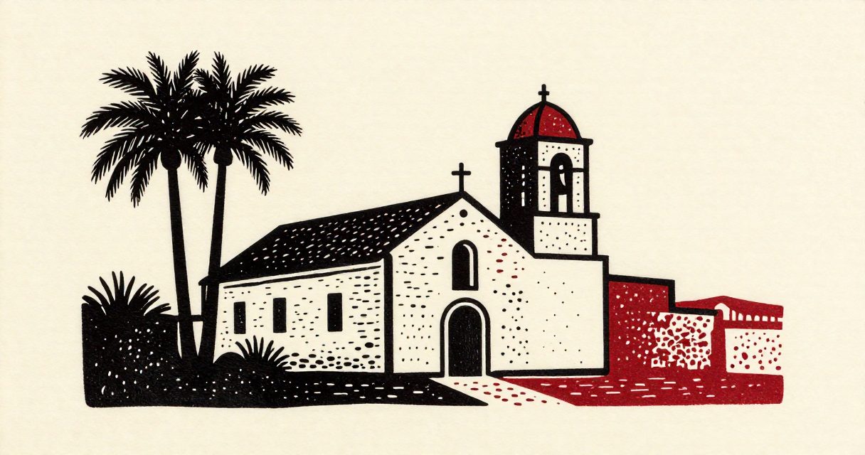 A stone church with a small cross and a bell tower standing beside palm trees in the Luxor desert.