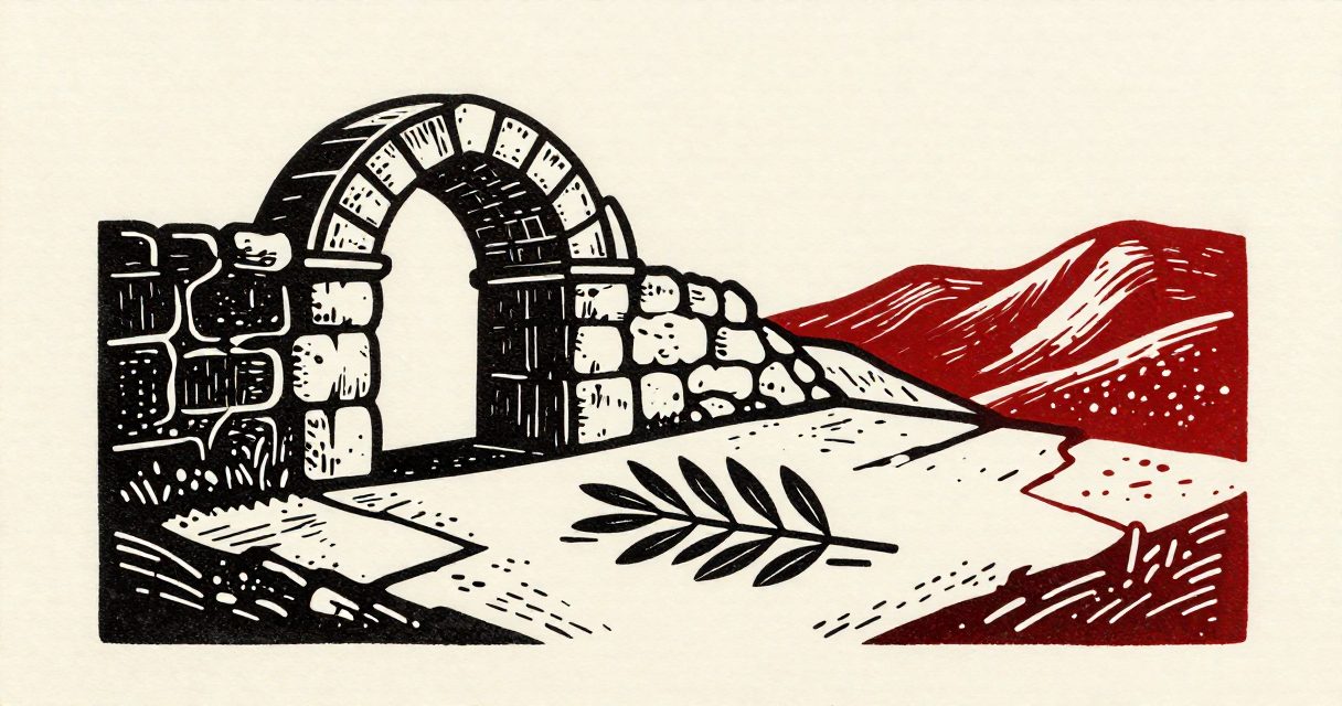 A stone archway and a single olive branch resting on a plain stone surface amidst the rugged hills of Karak.