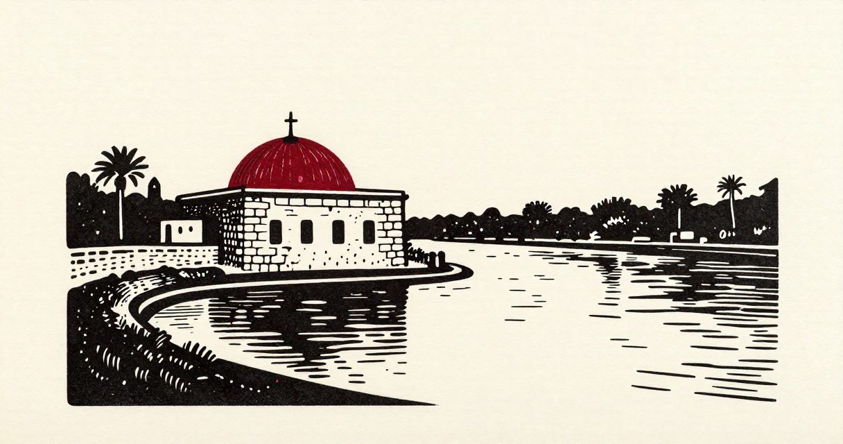 A small stone building with a domed roof and a cross, situated beside the Nile river in Maadi.