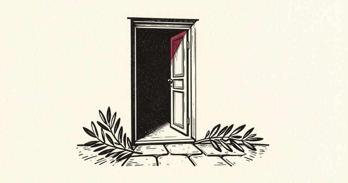 An open doorway and two olive branches resting on a stone floor in El Aziya.