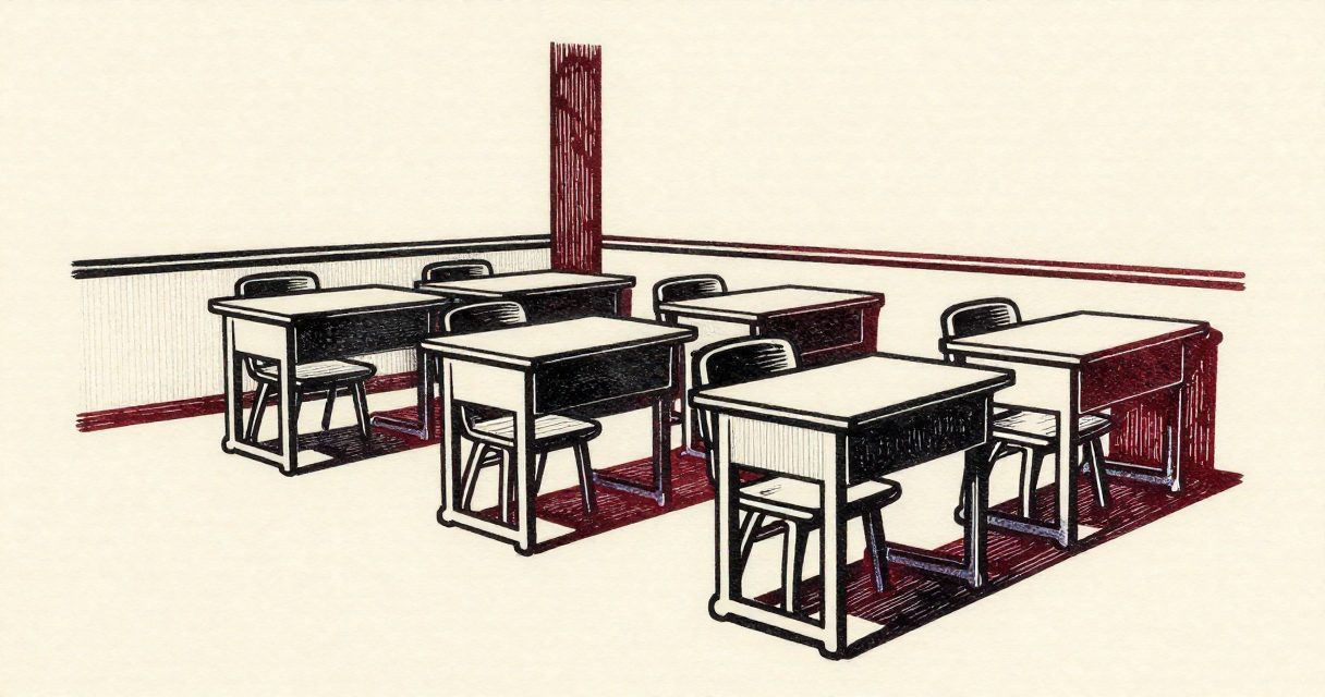 A row of small wooden desks and chairs arranged in a bright classroom within a modern building.