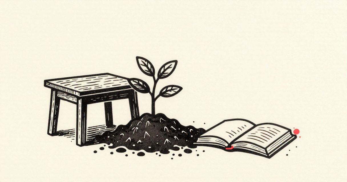A small sapling growing from a mound of earth beside a wooden table and an open book.