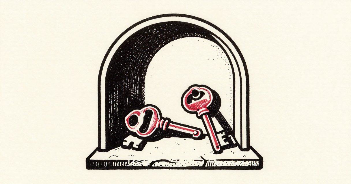 Two heavy keys resting side by side on a plain stone surface beneath a wide archway.