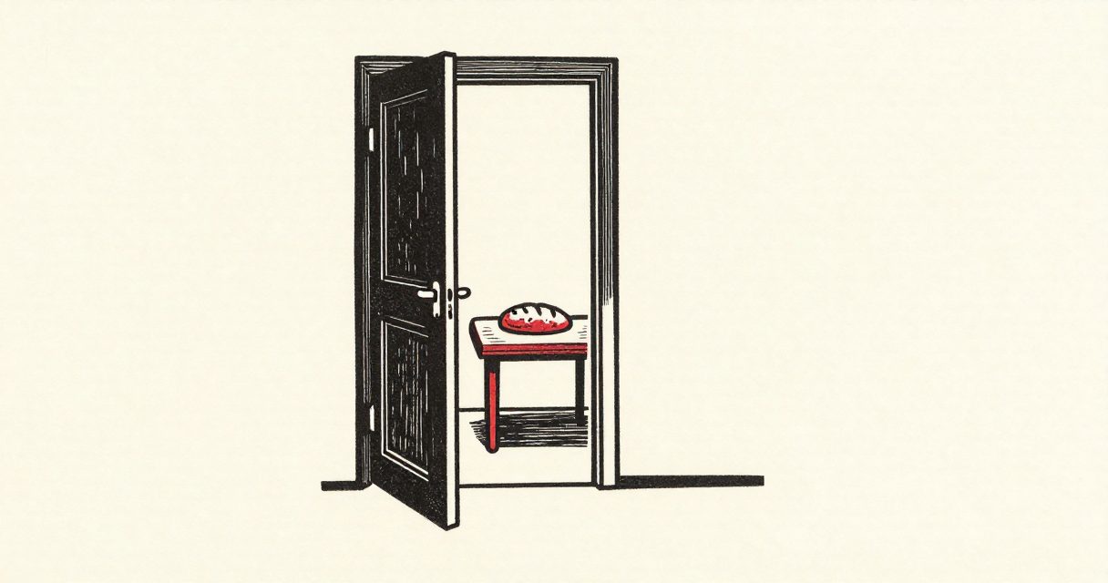 An open door leading into a quiet room with a simple wooden table and a single loaf of bread.
