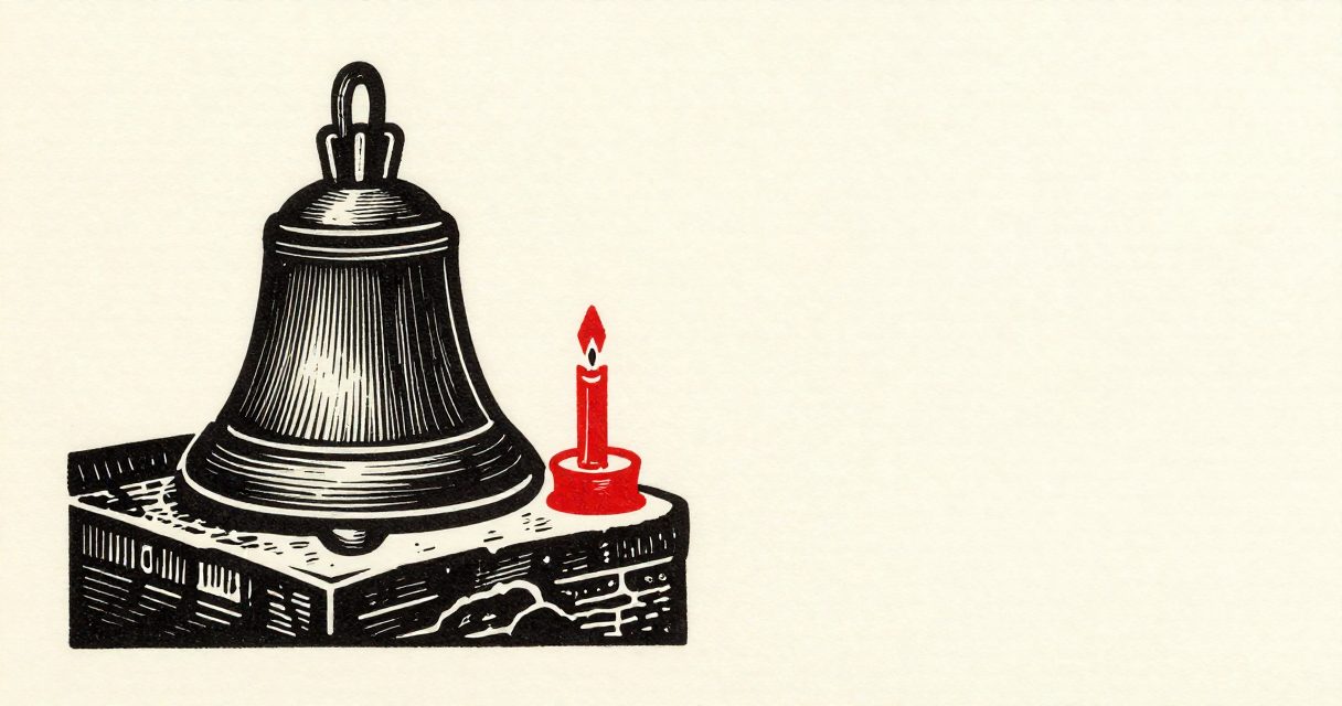 A small wooden bell and a single candle resting on a stone pedestal in Minya.