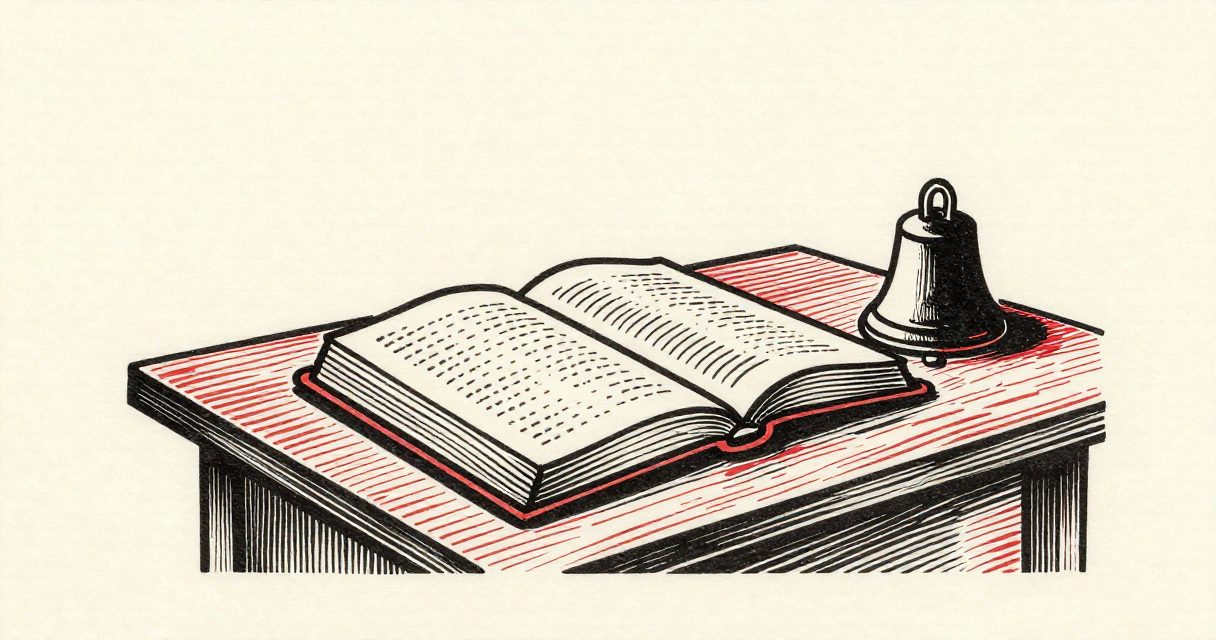 An open Bible and a small bell resting on a wooden table in a quiet room in Cairo.
