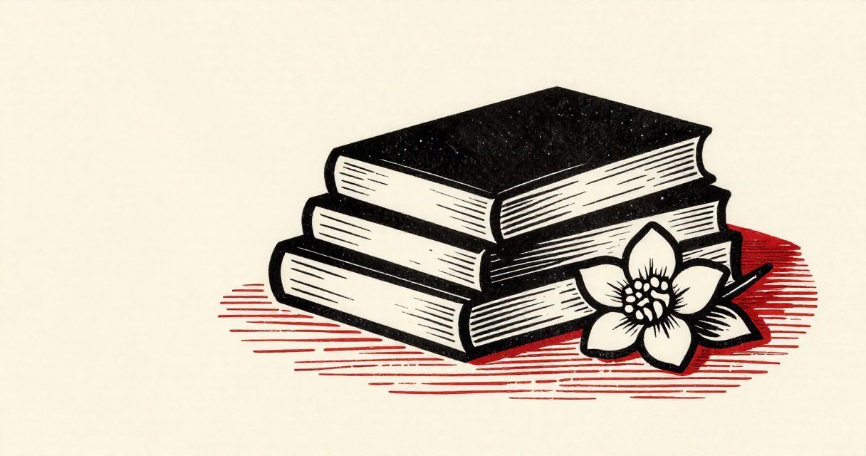 A stack of bound books resting on a wooden table beside a single jasmine flower.